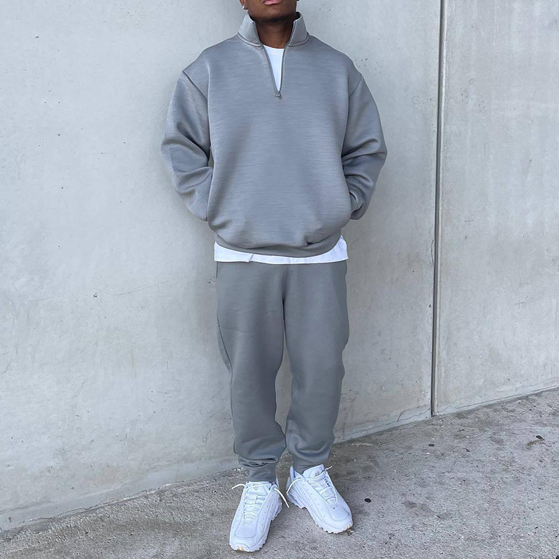 Men's Tracksuits Casual solid color loose fitting men's track suit Spring casual long sleeved bracket collar top and pants two-piece set for