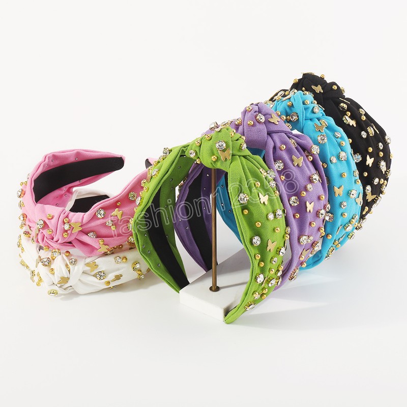 Women Girls Metal Beads Rhinestone Knot Hairband Butterfly Wide-brimmed Headband Women Hair Accessories Hair Hoop
