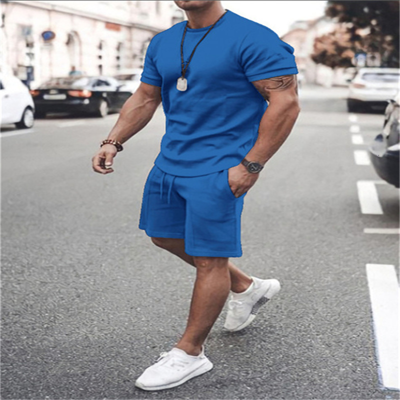 Men's Tracksuits Men's Tracksuit 2 Piece Set Summer Solid Sport Hawaiian Suit Short Sleeve T Shirt and Shorts Casual Fashion Man Clothing 23