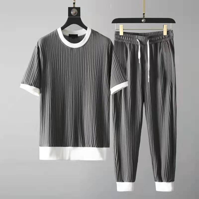 Men's Tracksuits Summer Casual Suit Men's Round Neck Elastic Breathable Pleated Short-sleeved Nine-point Pants Thin One Set 230424