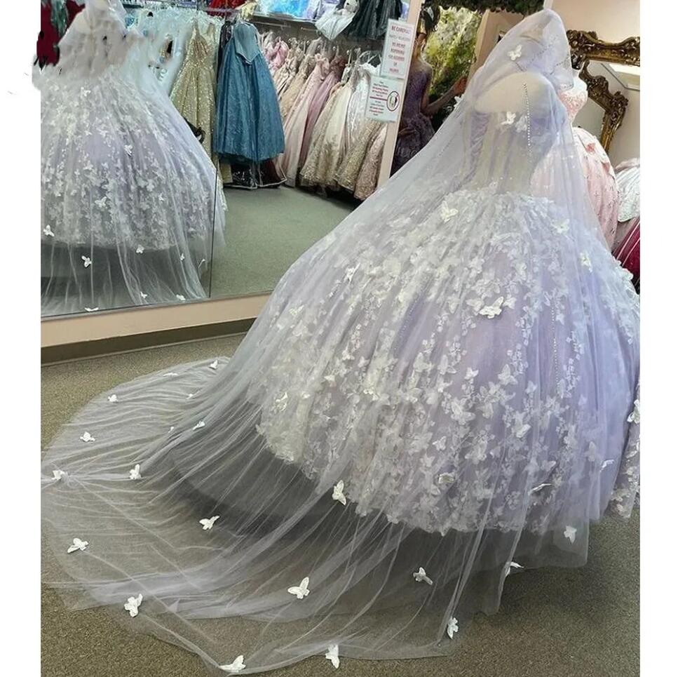 Glittering Lavender lilac Quinceanera Dresses With Cloak Butterfly Lace-up corset Vestidos De 15 Anos Birthday Prom Party Gowns
