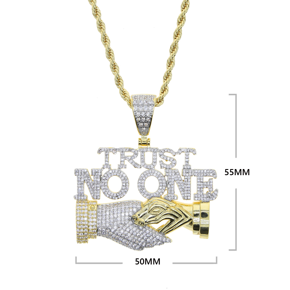 Strands Strings Iced Out Bling Letters Trust No One Pendant Necklaces Two Tone Color CZ Zircon Shake Hand Charm Men Hip Hop Jewelry 230424