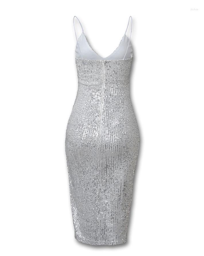 Casual Dresses Womens Crisscross Backless High Slit Sequins Dress V-Neck Spaghetti Strap Mid-Calf Skinny Party Wedding Guest