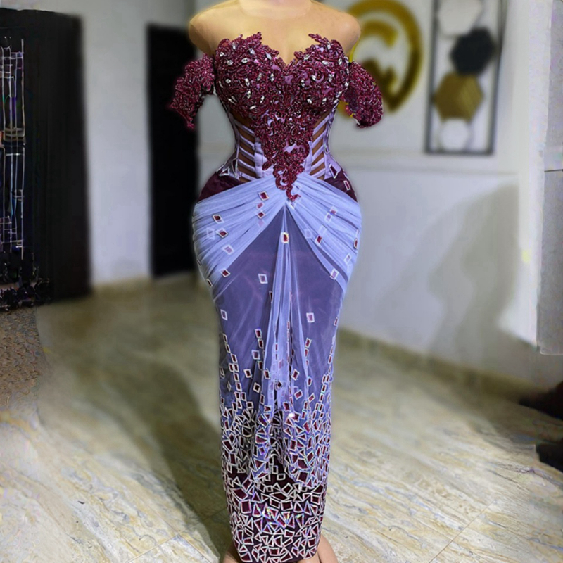 2023 Purple Aso Ebi Prom Dresses Mermaid Beaded Evening Birthday Party Second Reception Arabic Formal Dress African Women Nigeria Engagement Gowns ST2