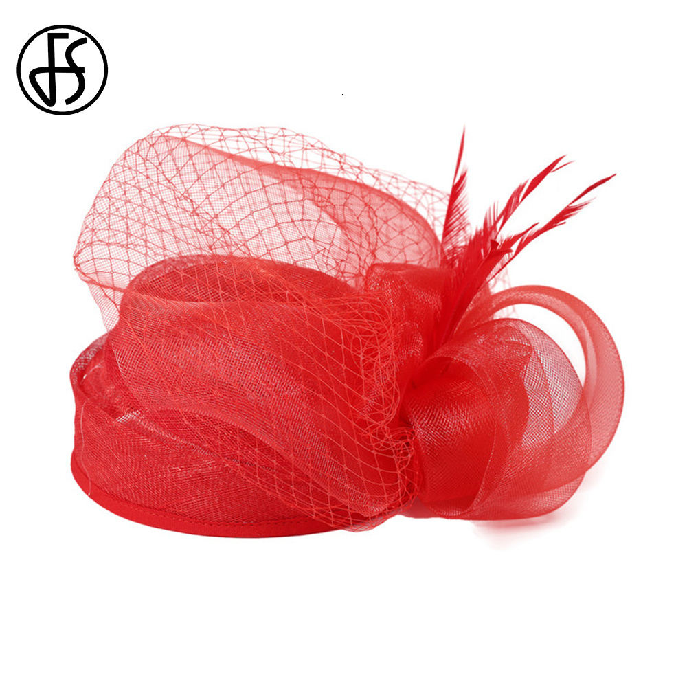 Wide Brim Hats Bucket Hats FS Bridal Wedding Red Hats Fascinators For Woman Cocktail Church Party Sinamay Feather Veil Headdress Elegant Cap 230422