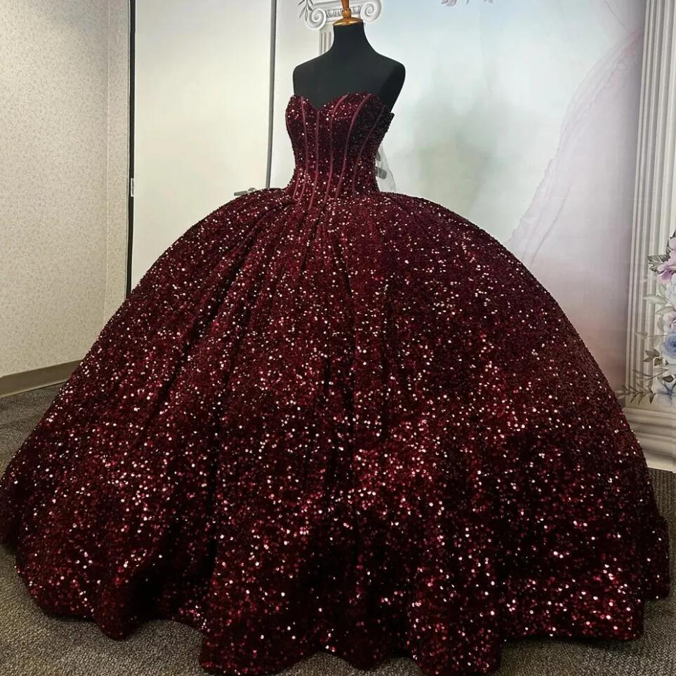 Burgundy Sequin Corset Quinceanera Dresses 2023 Sweetheart Princess Plus Size Prom Party Gowns For Sweet 16 Dresses vestidos 15