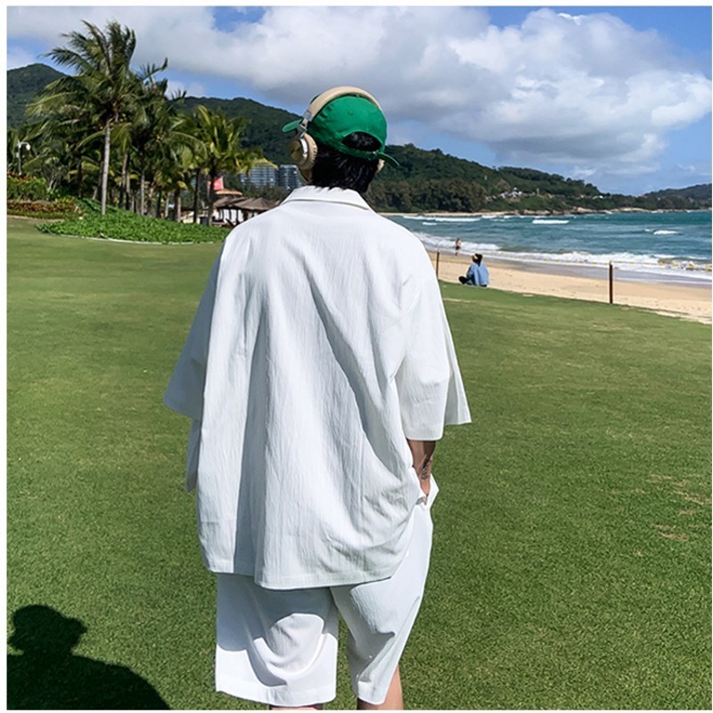 Men's Tracksuits Summer 2-piece men's clothing matching set jacket shorts pure green white fashionable street clothing thin casual set 23042