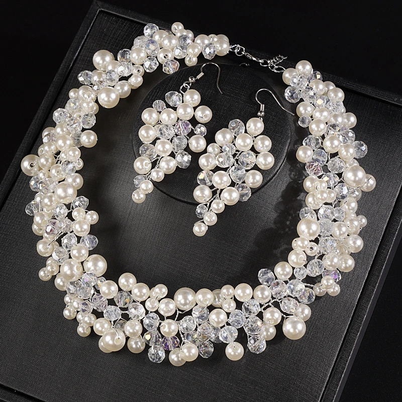 Chokers Wedding Bridal Full Large Pearls Necklace Earrings Jewelry Set Dangle Earrings Adjustable Set Elegance Party Jewelry for Women 231124