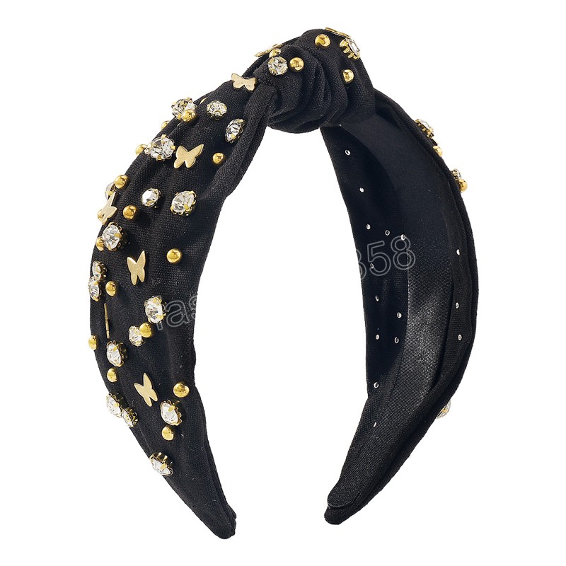 Women Girls Metal Beads Rhinestone Knot Hairband Butterfly Wide-brimmed Headband Women Hair Accessories Hair Hoop