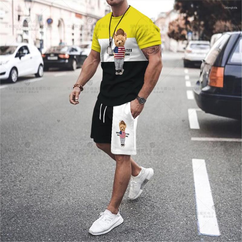 Men's Tracksuits 2023 Men's T-Shirt Set Bear High Quality Shorts Activewear 2 Piece Fashion Print Summer Streetwear
