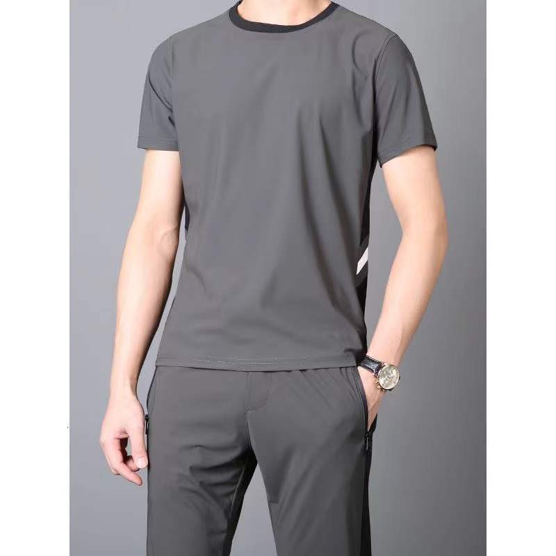 Men's Tracksuits Men's Cold Thin Short Sleeve T-shirtTwo Piece Solid ShirtTrouser Family Set Men's Size M-5XL 956 230424