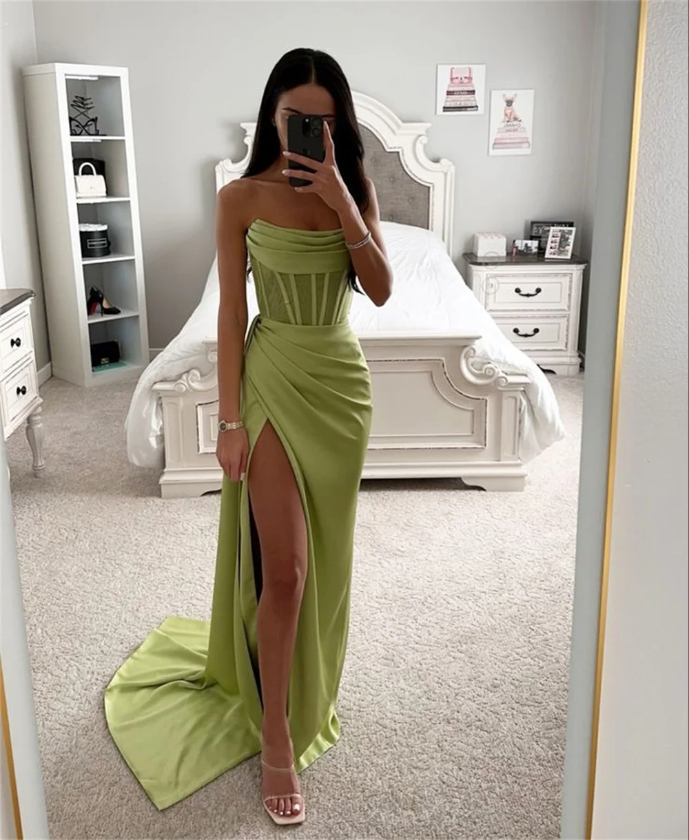 New Arrival Satin Evening Pageant Dress 2024 Side High Split Strapless Long Satin Women Prom Formal Party Gowns Robe De Soiree