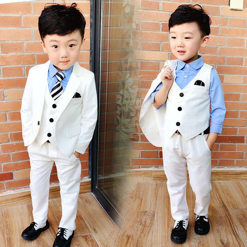 Suits Children Formal White Dress Suit Set Flower Boys Wedding Party Performance Costume Kids Blazer Vest Pants Shirt Tie Clothes 230424