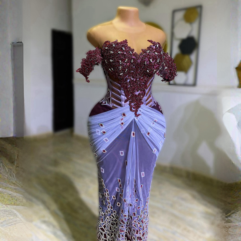 2023 Purple Aso Ebi Prom Dresses Mermaid Beaded Evening Birthday Party Second Reception Arabic Formal Dress African Women Nigeria Engagement Gowns ST2