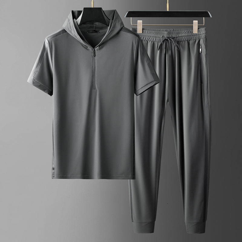 Men's Tracksuits Minglu Hooded Sport Casual Men's Sets T-shirtpants Summer Short Sleeve Rubber Printed Male Suits Elastic Waist Man Pants 5X