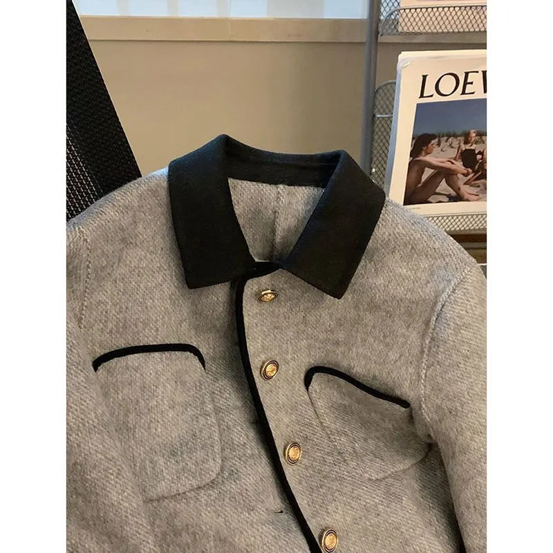 Womens Jackets Short Grey Quilted Coats Vintage Women Clothing Contrast Lapel Woolen Jacket Autumn Winter Harajuku Jaquetas Chaqueta 231123