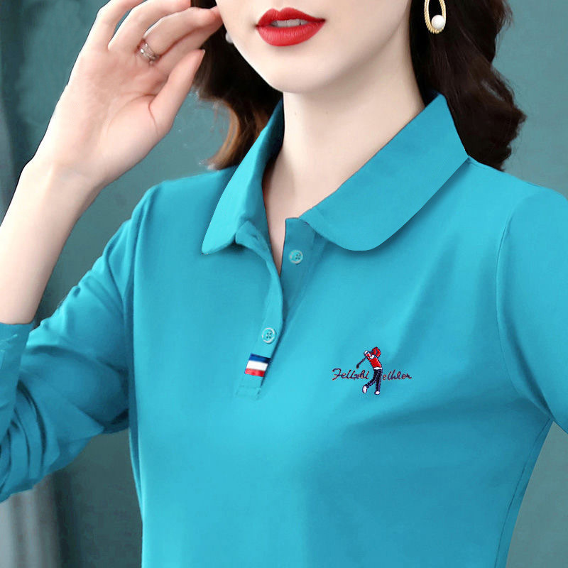 T-shirt women 2023 long sleeve large lapel polo shirt Spring and autumn embroidered bottomed T-shirt