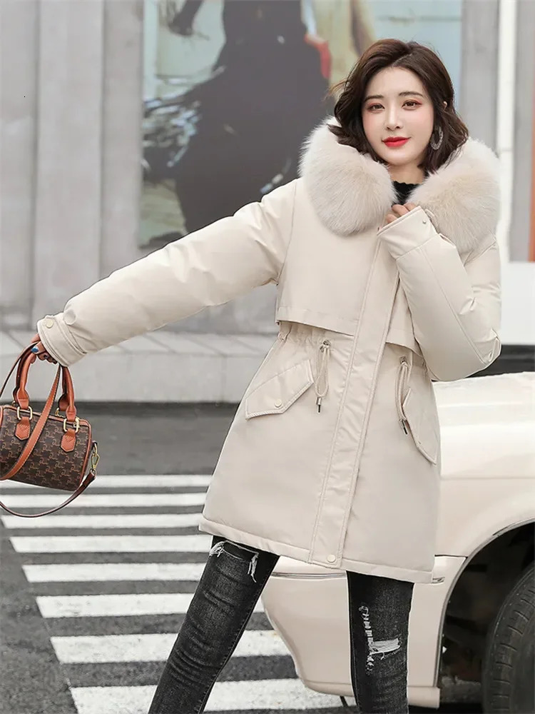 Women's Down Parkas Winter Coat Low Price On Sale Women Beige Add Wool Thick Warmth Fur Hooded Jacket 2023 Fashion Belt Slim Cotton 231123