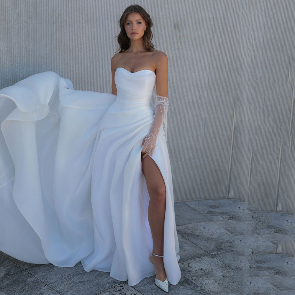 Vintage Sweetheart Side Split Wedding Dresses Beaded Sleeve Bridal Gown Pleat Organza A Line Robe De Soiree