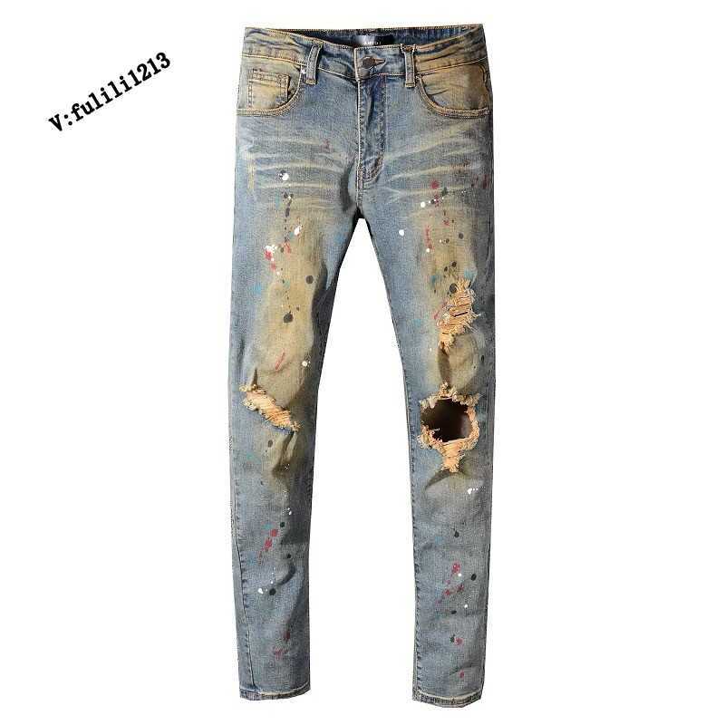 Designer Clothing Luxury Casual Fashion Denim Pants Amiiri Made Worn-out Water Washed Holes Mud Yellow Elastic Youth Splashed Ink Slimming Small Leg Jeans, Blue
Designer Clothing Luxury Casual Fashion Denim Pants Amiiri Made Worn-out Water Washed Holes Mud Yellow Elastic Youth Splashed Ink Slimming Small Leg Jeans, Blue