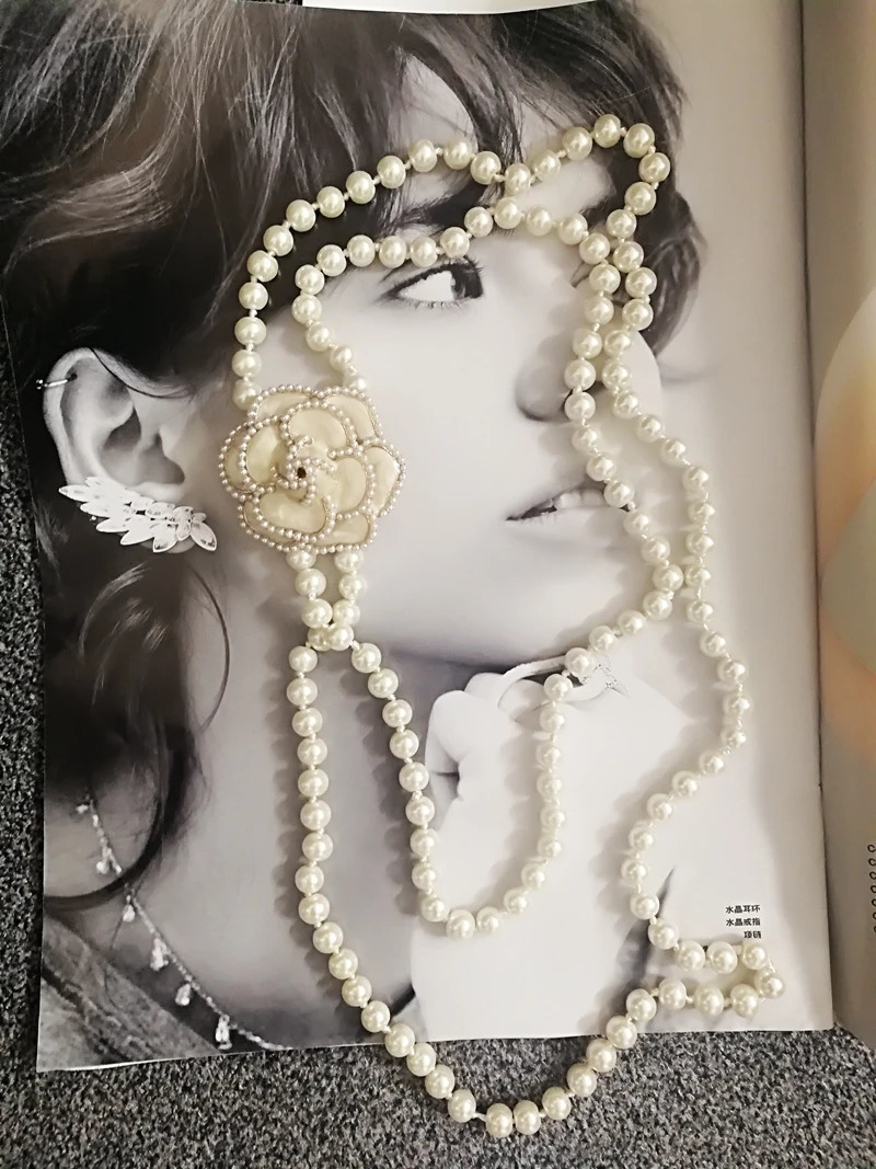 Chokers Korean Sweater Chain Layered Pearl Necklace Pendant For Women Carmellia Flower Jewelry 231124