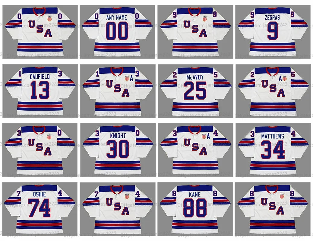 9 Trevor Zegras Team USA Hockey Jersey 13 COLE CAUFIELD 34 Auston Matthews CHARLIE McAVOY 9 JACK EICHEL 30 Spencer Knight 88 Patrick Kane 74 TJ OSHIE 8 Adam Fox Custom