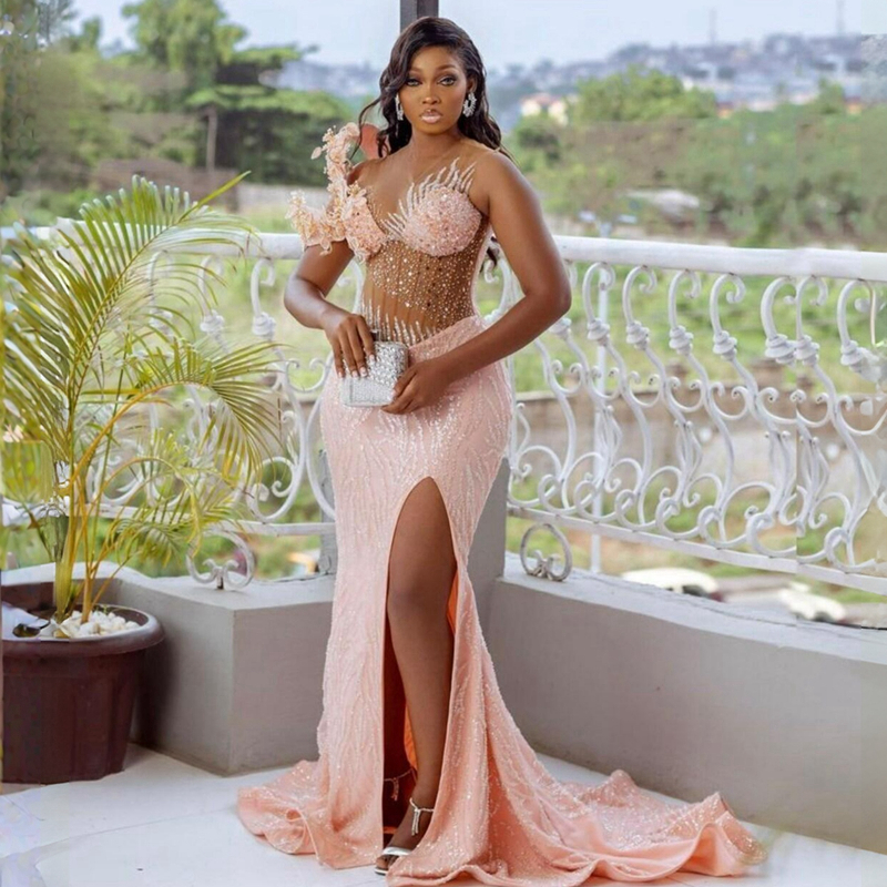 Aso Ebi Lastest Light Pink Prom Gowns Mermaid Illusion Evening Birthday Party Second Reception African Arabic Nigeria Formal Dress Bridesmaid Engageme