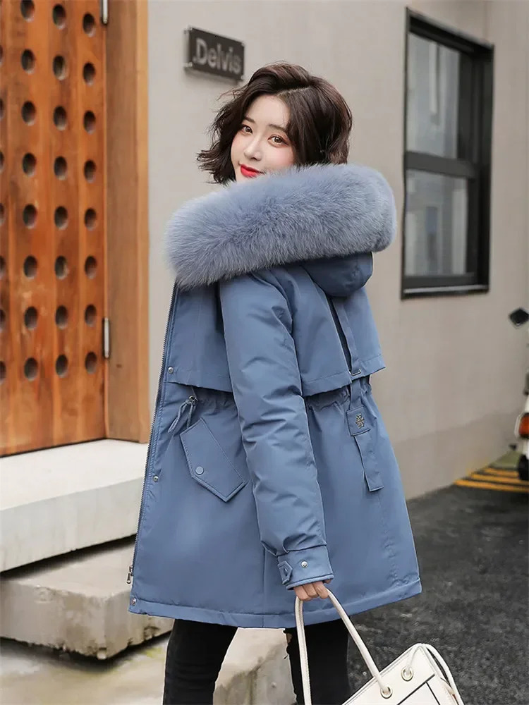 Women's Down Parkas Winter Coat Low Price On Sale Women Beige Add Wool Thick Warmth Fur Hooded Jacket 2023 Fashion Belt Slim Cotton 231123