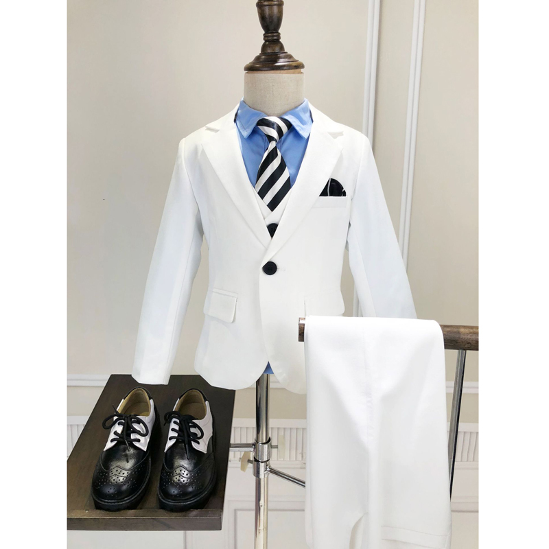 Suits Children Formal White Dress Suit Set Flower Boys Wedding Party Performance Costume Kids Blazer Vest Pants Shirt Tie Clothes 230424