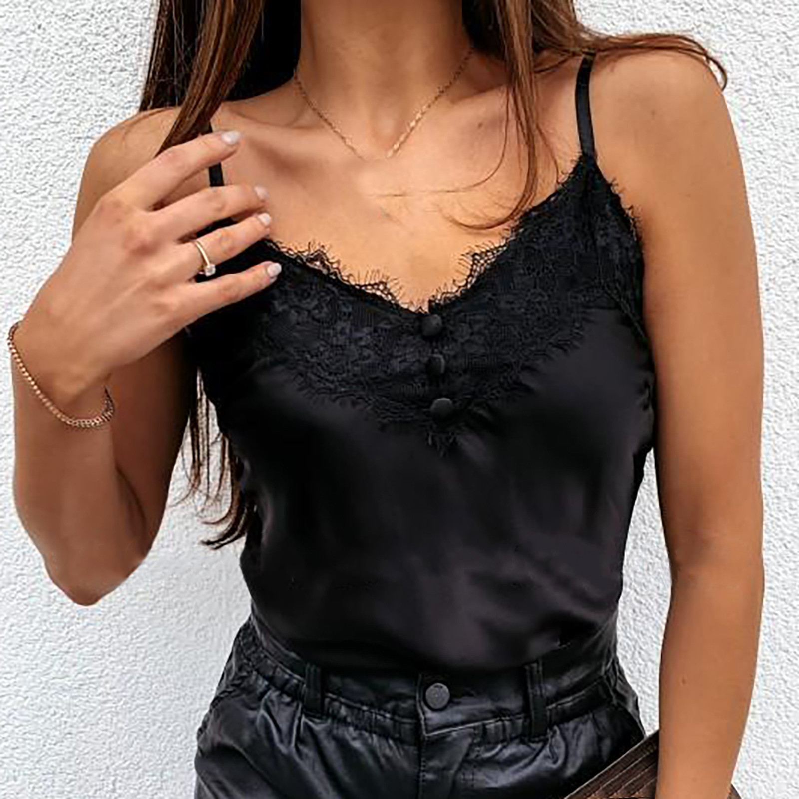 Women's Tanks Camis Summer Women Sexy Camisole Lace V Neck Spaghetti Strap Tank Top Ladies Satin Silk Feminino Button Vest Femme 230422Z