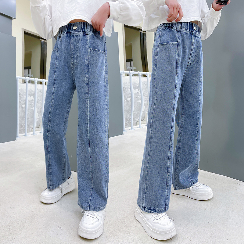 Jeans Teen Girls Jeans High Waisted Wide Leg Pants Springs Children's Loose Straight Blue Denim Pants Casual Style Trousers Clothes 230424