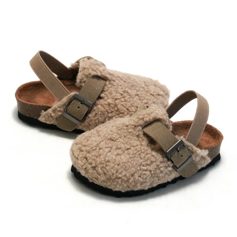 Slipper Child Baby Boys Girls Warm Fuzzy Plush Sandals Cork Faux Fur Flats Toddler Prewalker Elastic Back Strap 231124