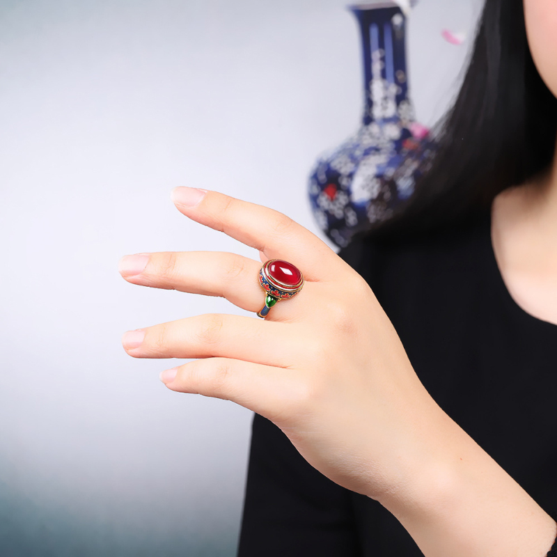 Solitaire Ring Original ancient gold craftsmanship natural carnelian rings for women flower enamel national style light Wedding jewelry 230424