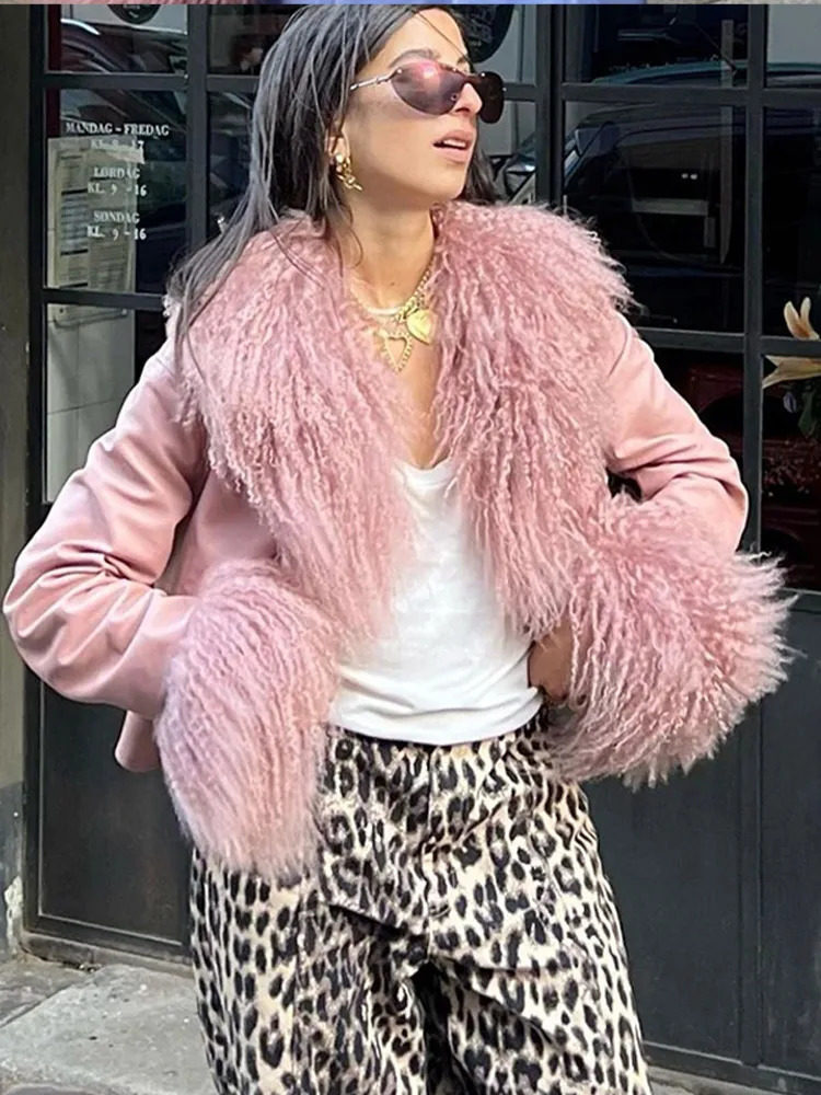Women's Jackets Pink Short Leather Jacket For Women Raw Edge 2023 Autumn Winter Long Sleeve Singlebreasted Pockets Elegant Coat Streetwear Tops 2