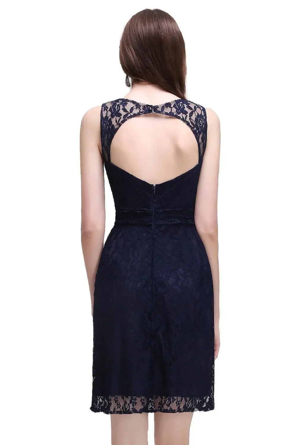 Elegant Evening Dress For Women Floral Appqulies Illusion Open Back Short Sleeve Knee Length Formal Party Gown New Cps529