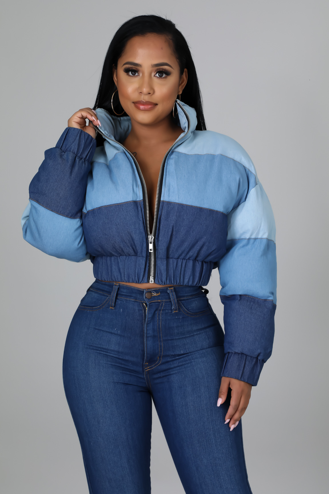 Women's Jackets Women's Patchwork Parka Puffer Coat Gradient Color Parkas Jacket Winter Warm Loose Zipper Stripe denim Crop Top 230425