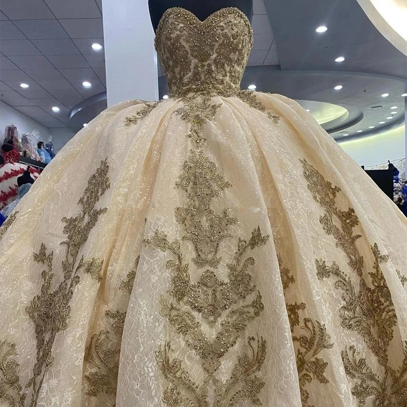 Champagne gold Quinceanera Dresses Sequined Lace Appliques Off Shoulder Lace-up Corset Princess prom vestidos de 15 anos