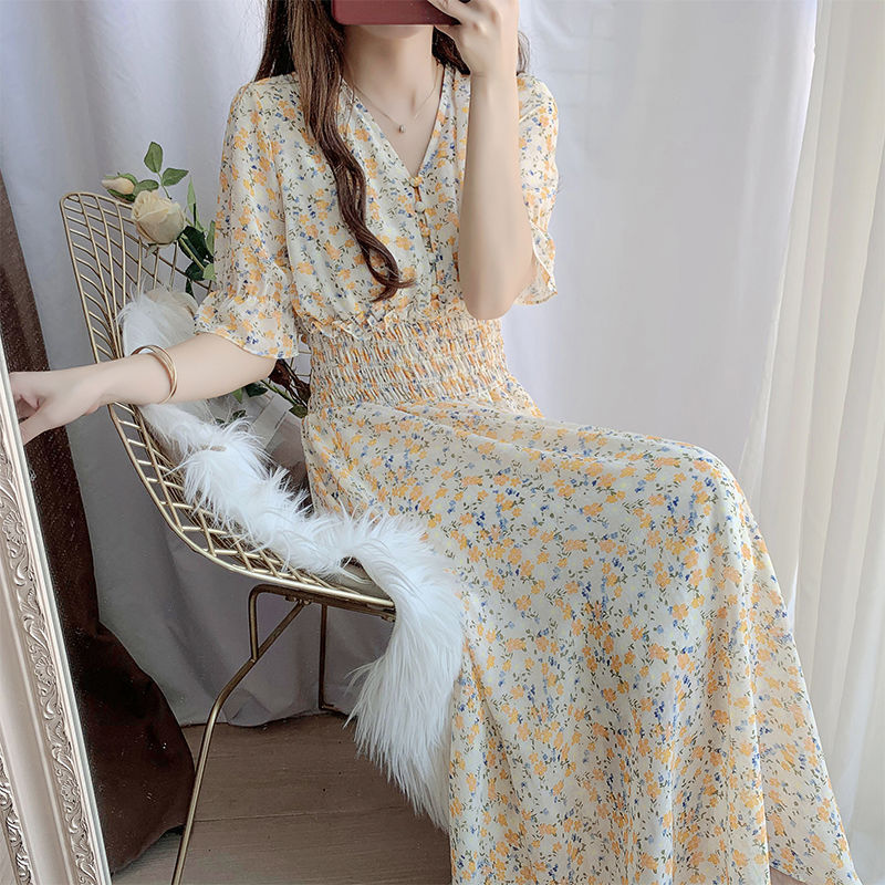 Casual Dresses Enlarge Korean Puff Sleeve Chiffon Party Dress Fashion Casual Flowers V-Neck Mini Dress Grace Fall Dresses For Women 230425