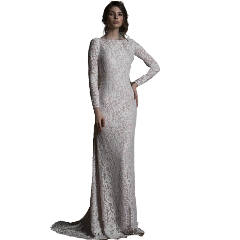 Sexy Backless Lace Mermaid Wedding Dress Long Sleeves Fitted Ivory Bridal Gowns Crew Neck Beach Boho Bride Dresses With Champagne Lining 2024 Spring