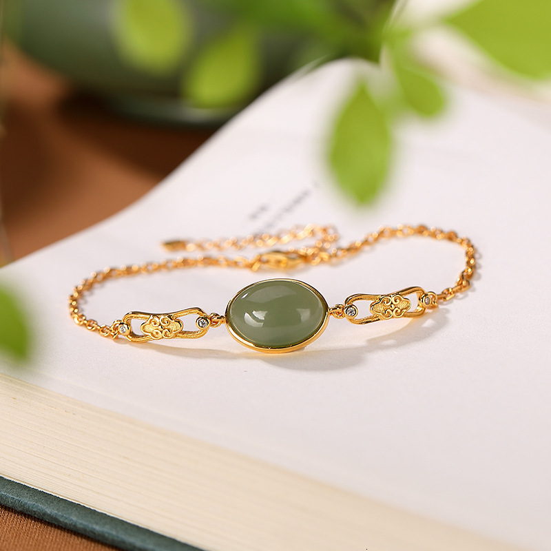 Beaded 925 sterling silver gold plated natural Hetian gray jade bracelet vintage personality hollow out Ruyi ladies Bracelet 230424