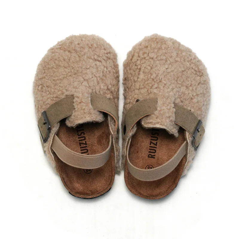 Slipper Child Baby Boys Girls Warm Fuzzy Plush Sandals Cork Faux Fur Flats Toddler Prewalker Elastic Back Strap 231124