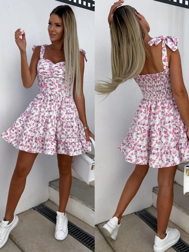 Casual Dresses Summer Fashion Short Boho Dress Women Mini Floral Print Dress Female Sleeveless Hanging Belt Printed Waist Folded Dress 230425