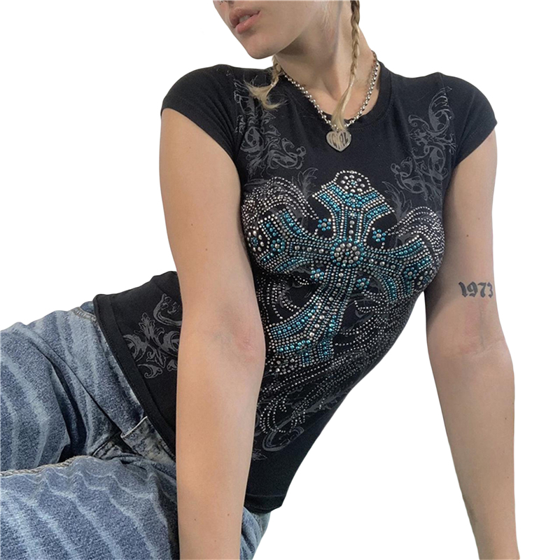 Womens Tanks Camis Xingqing T Shirt y2k Aesthetic Fairy Grunge Cross Wings Pattern Short Sleeve Tops Casual Graphic Tee 2000s Streetwear 230424