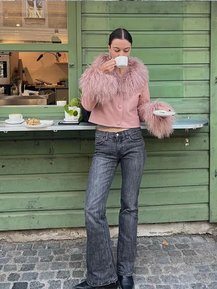 Women's Jackets Pink Short Leather Jacket For Women Raw Edge 2023 Autumn Winter Long Sleeve Singlebreasted Pockets Elegant Coat Streetwear Tops 2