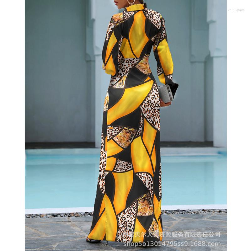 Casual Dresses Women Elegant Long Sleeve Turn Down Collar Folds Slit Floor Length Dress Print Colorblock Twisted Shirt