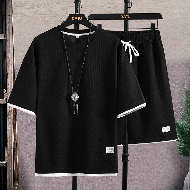 Men's Tracksuits Mens Waffle Clothing 2 Piece Set Summer Tracksuit Men Jogging Suit Male Harajuku Hip Hop Running Patchwork Sweatshirts Sets 2304