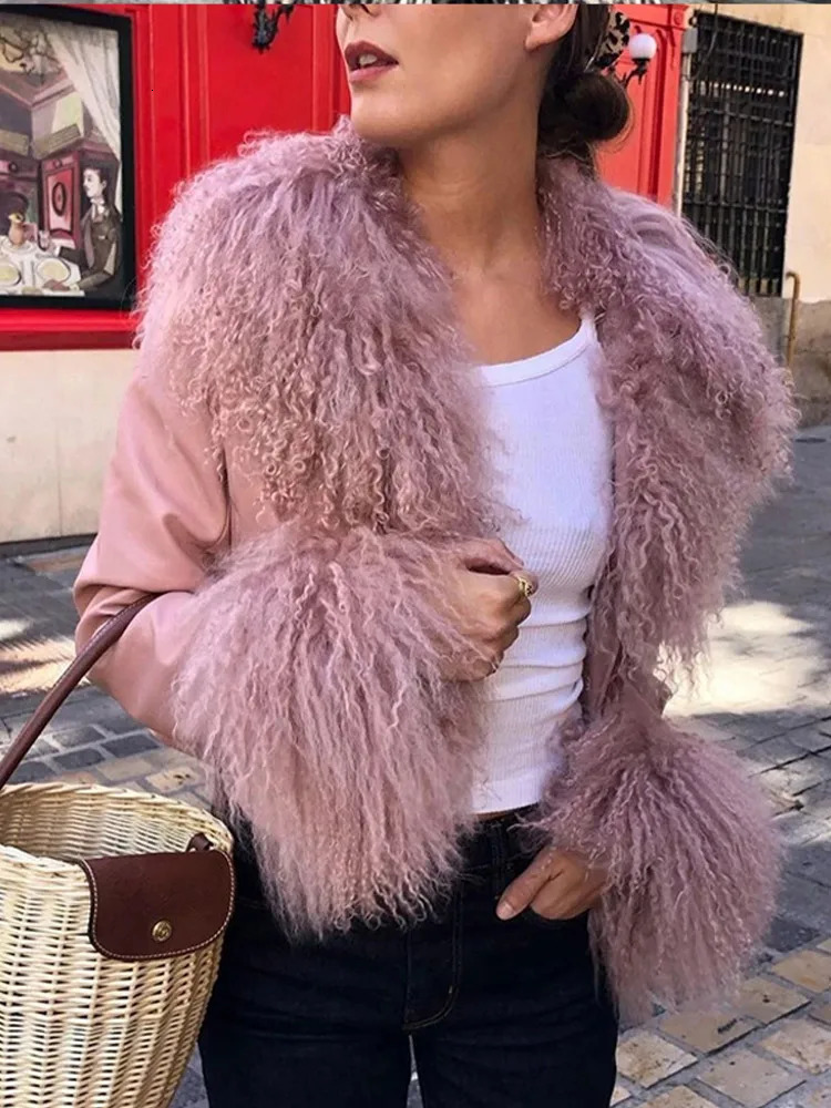 Women's Jackets Pink Short Leather Jacket For Women Raw Edge 2023 Autumn Winter Long Sleeve Singlebreasted Pockets Elegant Coat Streetwear Tops 2