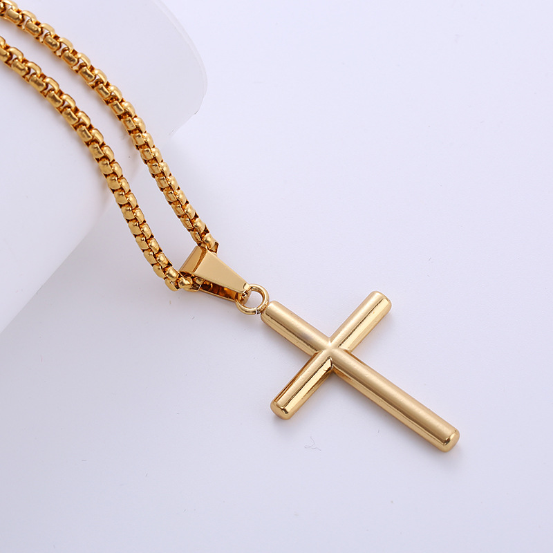 Women Mens Smooth Cross Pendant Necklace Simple Fashion Gold Stainless Steel Box Rolo Chain Jewelry for Friends Boyfriends Girlfriends Gifts