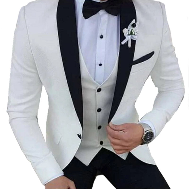 Slim Fit Wedding Tuxedos Mens Suits Three Pieces Black Shawl Lapel Ivory Groomsmen Groom Formal Wear Prom Party Blazer Set Jacket Vest Pants