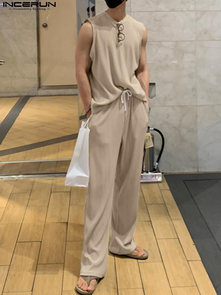 Mens Tracksuits INCERUN Casual Sets Solid Color Summer Oneck Sleeveless Tank Tops Pants Two Pieces Streetwear 2023 Suits S5XL 230425